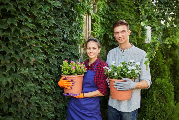 Casal segurando vasos de plantas.